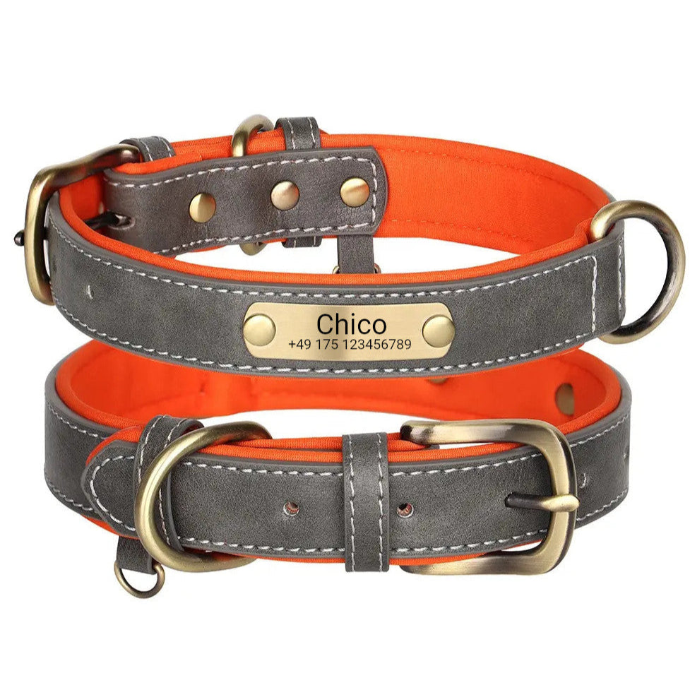 Stylish dog collar with engraving, PU gray, neoprene mesh inside orange, ring for dog tags