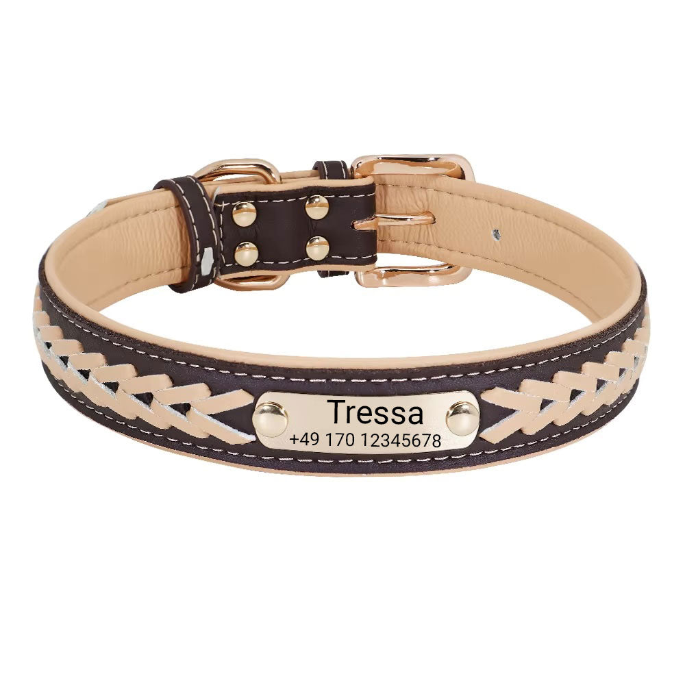 Dog collar with the name "Tressa". Engraving of name and phone number, in three different sizes