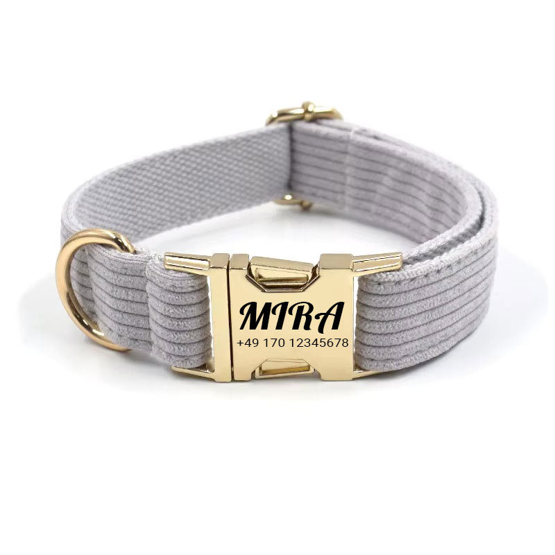 Personalized corduroy dog collar "Mira" with engraving | Available in gray, pink & green