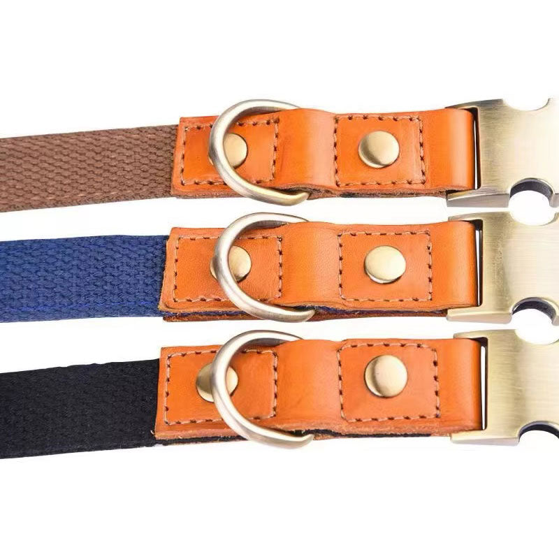 Dog collar "Valdo" with engraving - robust PE fabric & leather - matt brass - navy blue, light blue or green (S-L)