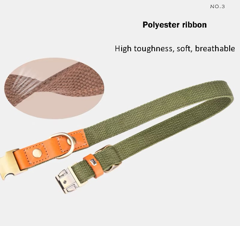 Dog collar "Valdo" with engraving - robust PE fabric & leather - matt brass - navy blue, light blue or green (S-L)