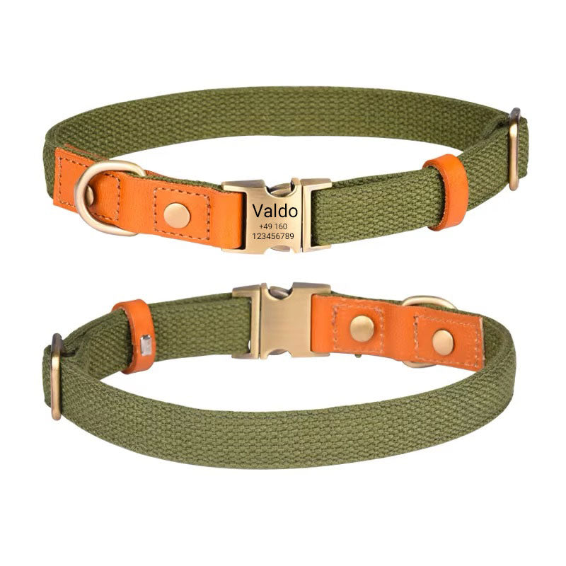 Dog collar "Valdo" with engraving - robust PE fabric & leather - matt brass - navy blue, light blue or green (S-L)