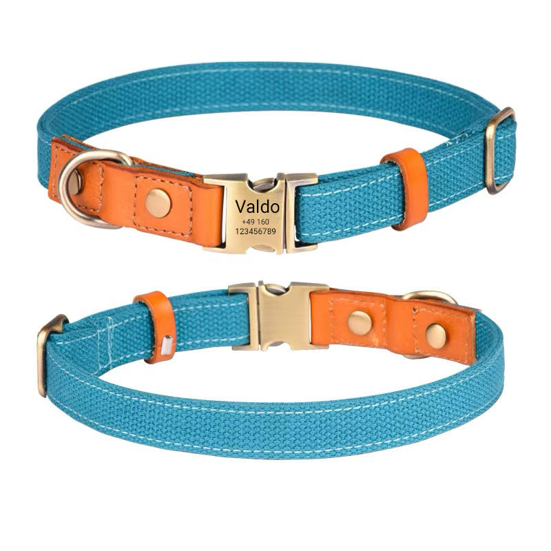 Dog collar "Valdo" with engraving - robust PE fabric & leather - matt brass - navy blue, light blue or green (S-L)