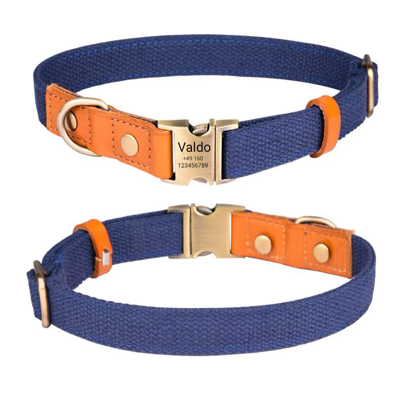 Dog collar "Valdo" with engraving - robust PE fabric & leather - matt brass - navy blue, light blue or green (S-L)