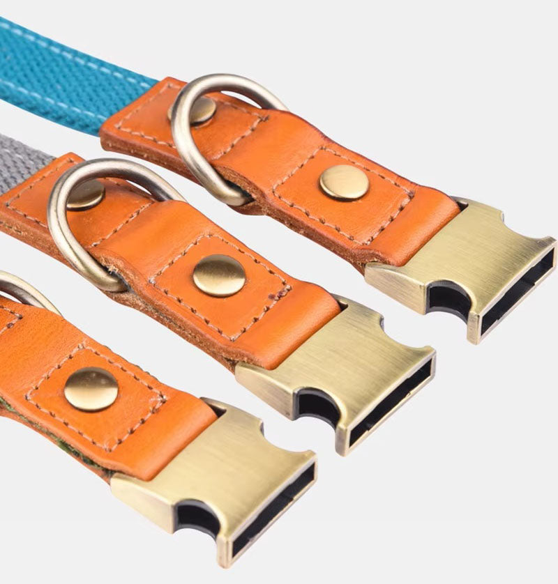 Dog collar "Valdo" with engraving - robust PE fabric & leather - matt brass - navy blue, light blue or green (S-L)