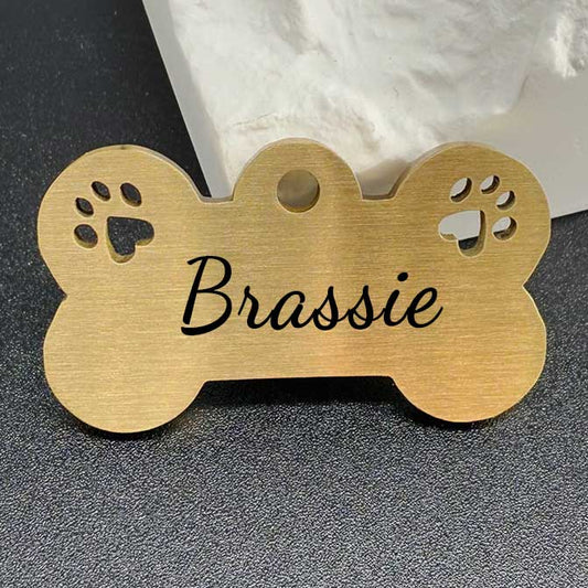 Elegant brass dog tag "Brassie" with paw design and personalized engraving