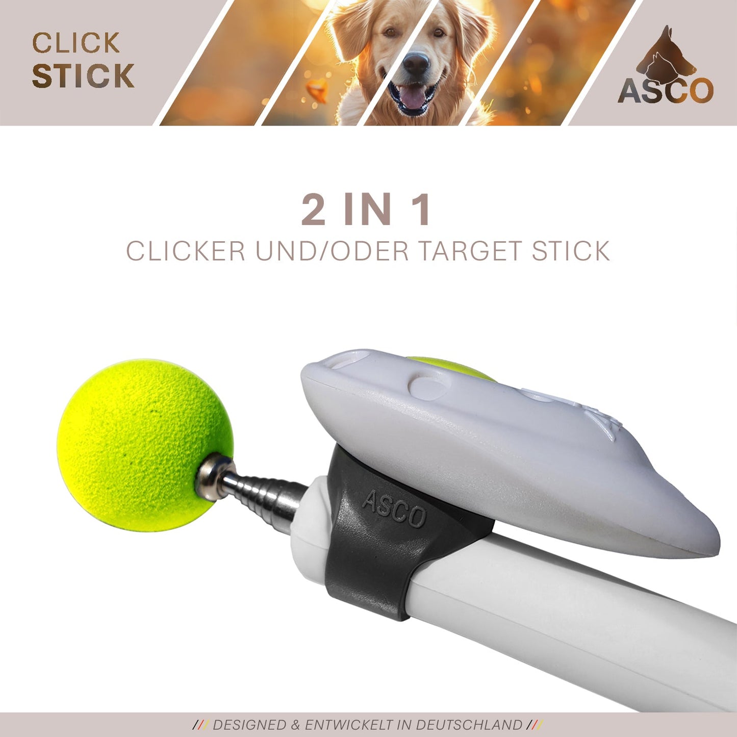 ASCO ClickStick - Target stick with detachable premium clicker - Target stick for dogs cats clicker training - Extendable target stick with extra clicker - Target stick for target training
