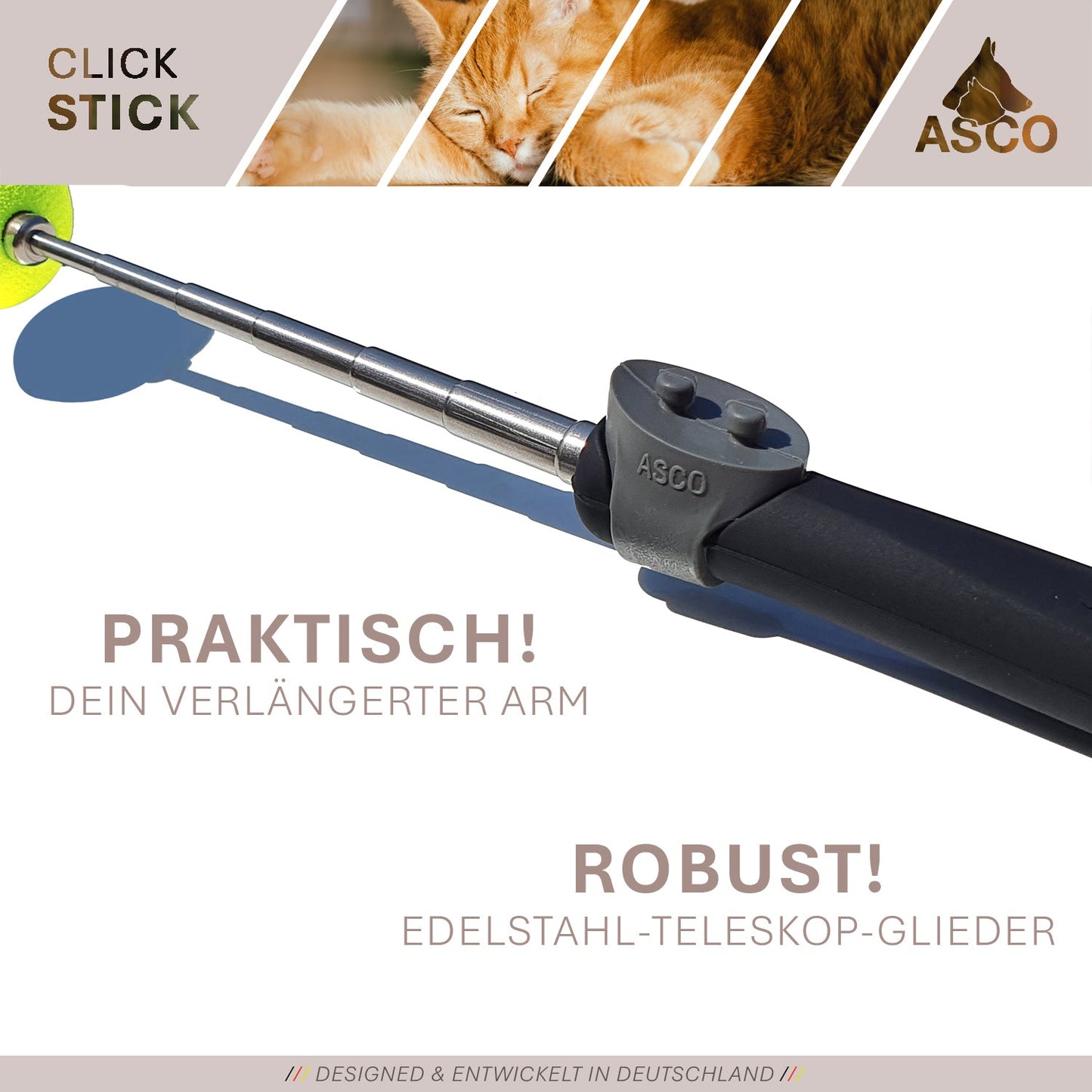 ASCO ClickStick - Target stick with detachable premium clicker - Target stick for dogs cats clicker training - Extendable target stick with extra clicker - Target stick for target training