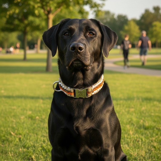 Arlo - Handmade paracord dog collar with engraving | Orange-Brown-White-Beige