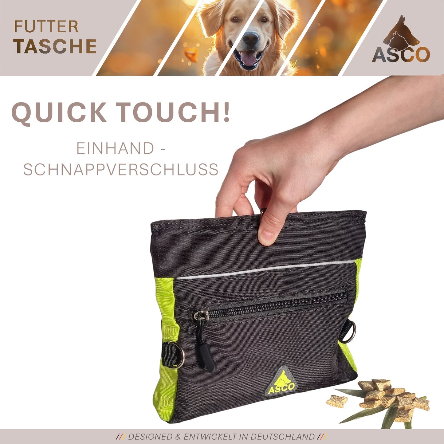 ASCO food bag with one-hand snap closure, treat bag 20x20 cm, QuickTouch treat bag