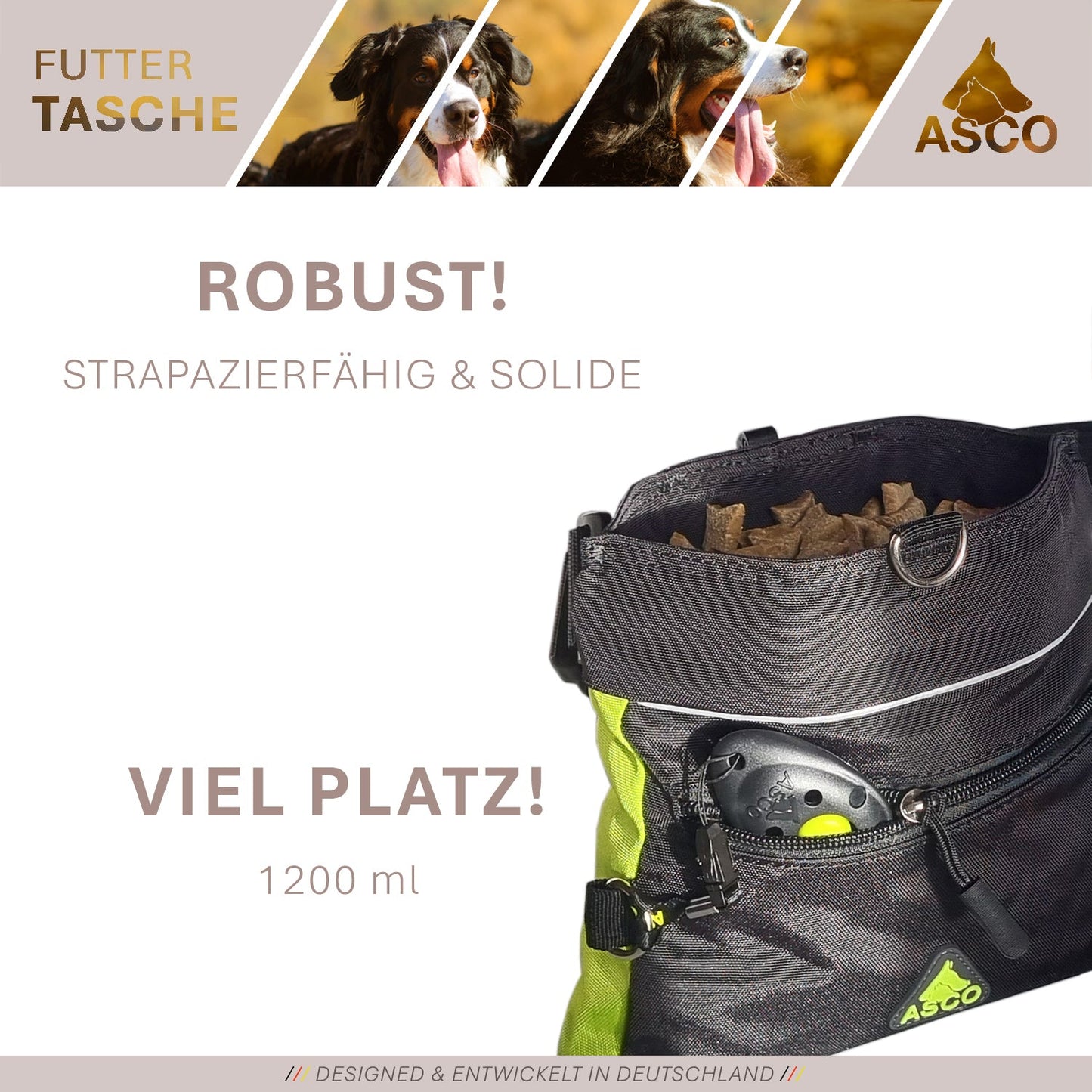 ASCO food bag with one-hand snap closure, treat bag 20x20 cm, QuickTouch treat bag