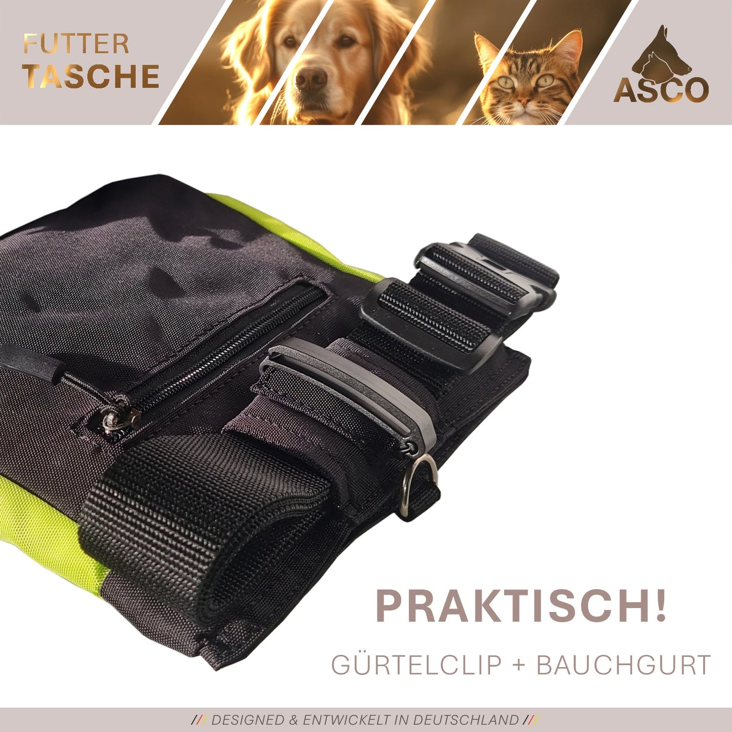 ASCO food bag with one-hand snap closure, treat bag 20x20 cm, QuickTouch treat bag