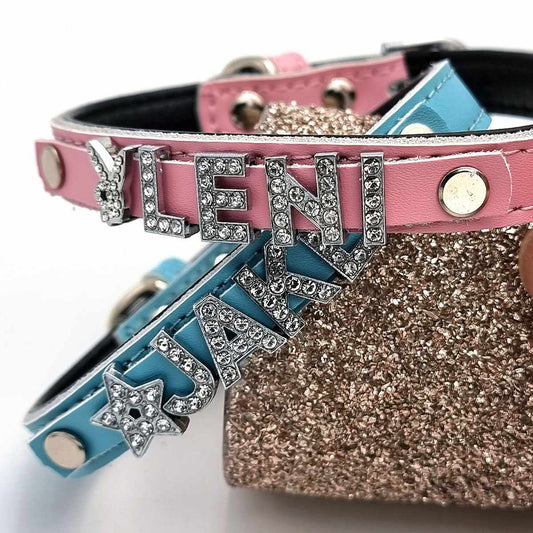 Edles Hundehalsband aus Leder personalisiert mit Glitzersteinen + Symbol