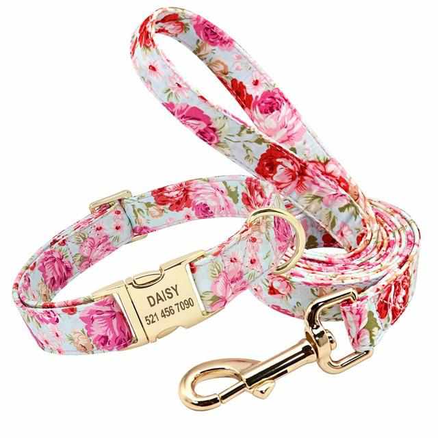 Hundehalsband mit Blumenmuster und gratis Gravur - optional als Set