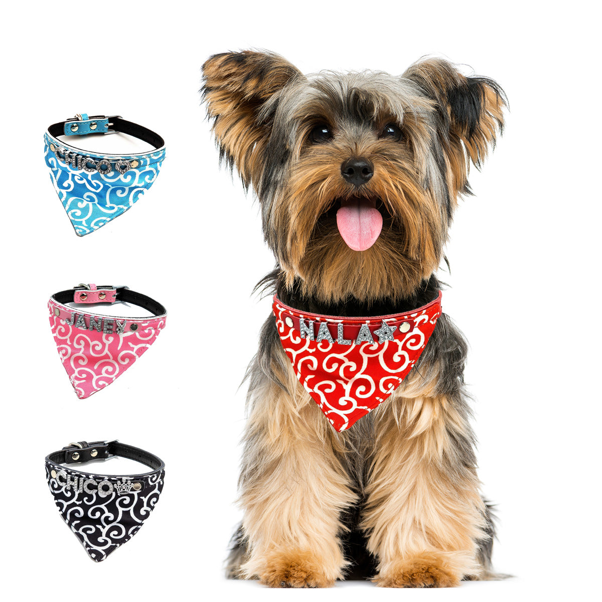 Dog bandana with name and dog collar made of genuine leather. Studded with glittering rhinestone letters