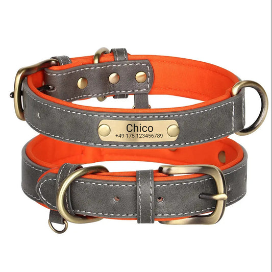 Stylish dog collar with engraving, PU gray, neoprene mesh inside orange, ring for dog tags