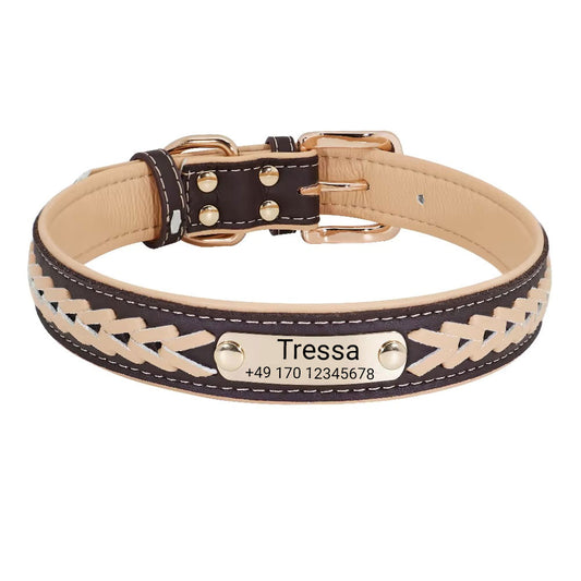 Dog collar with the name "Tressa". Engraving of name and phone number, in three different sizes 