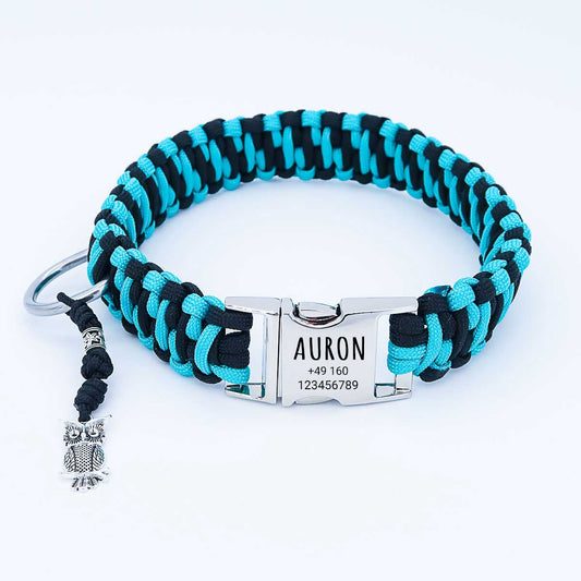 Paracord dog collar "Auron" with engraving of name and phone on the buckle, three different sizes