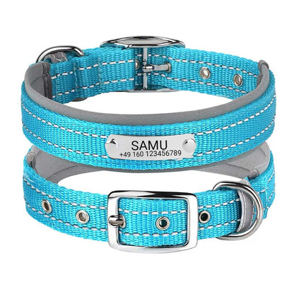 Engraved dog collar "Samu" with reflective safety stitching. Personalization with name and phone