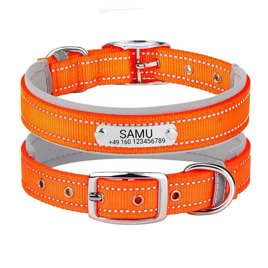Engraved dog collar "Samu" with reflective safety stitching. Personalization with name and phone