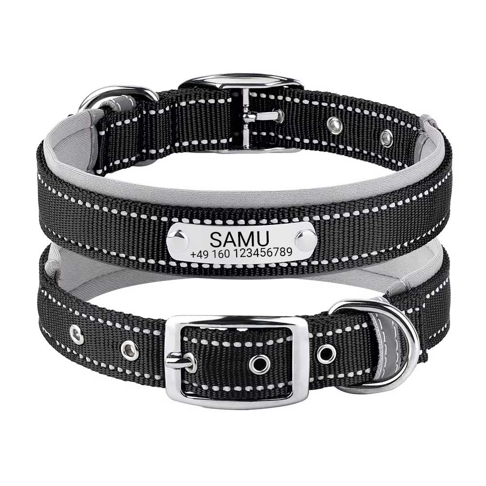 Engraved dog collar "Samu" with reflective safety stitching. Personalization with name and phone