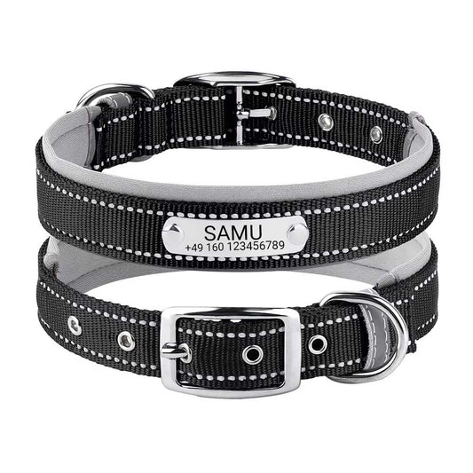Engraved dog collar "Samu" with reflective safety stitching. Personalization with name and phone