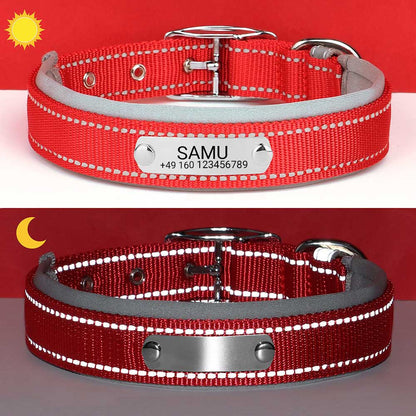Engraved dog collar "Samu" with reflective safety stitching. Personalization with name and phone