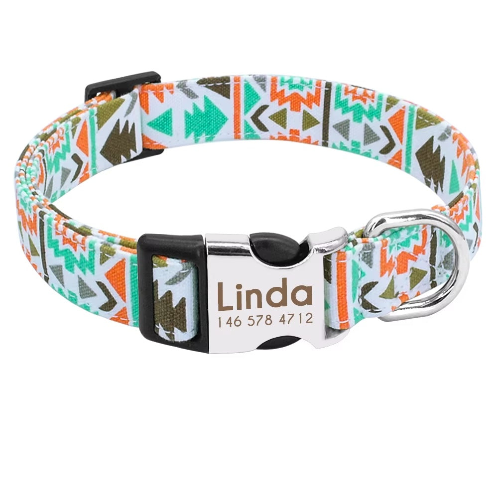 Dog collar "Gipsy" engraved with name and phone, nylon deco style