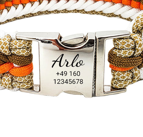 Arlo - Handmade paracord dog collar with engraving | Orange-Brown-White-Beige