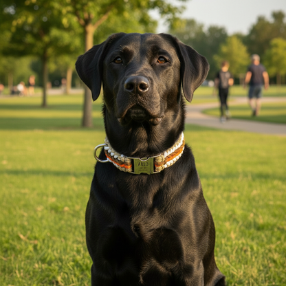 Arlo - Handmade paracord dog collar with engraving | Orange-Brown-White-Beige
