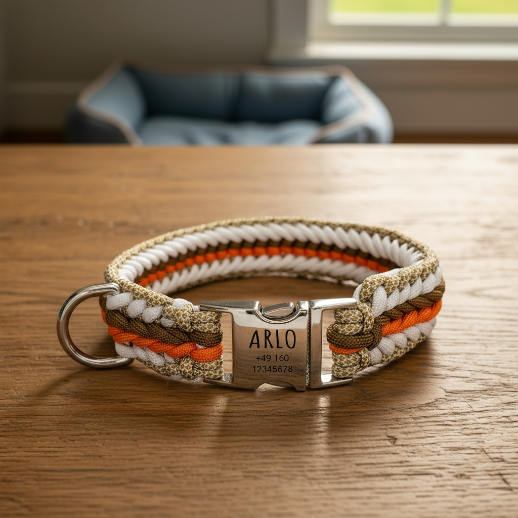 Arlo - Handmade paracord dog collar with engraving | Orange-Brown-White-Beige